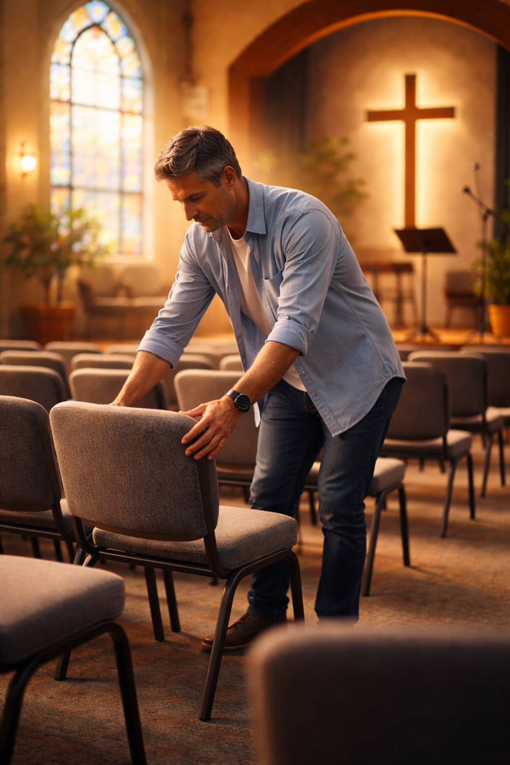Church servant arranging chairs in a softly lit sanctuary, symbolizing faithful service, humility, and spiritual responsibility.