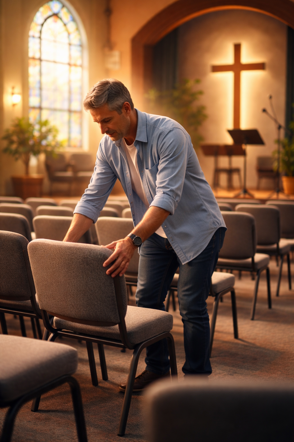Church servant preparing space symbolizing responsibility in ministry