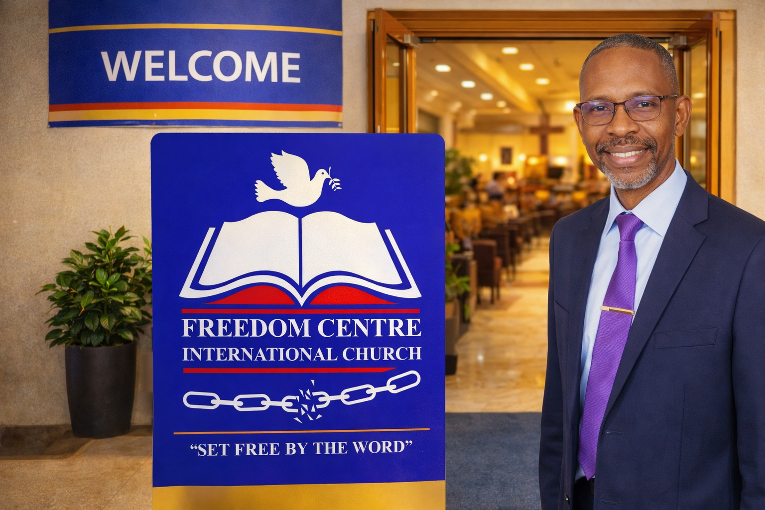 Smiling ushers welcoming visitors at the entrance of Freedom Centre International Church in a calm, Christ-centred atmosphere.