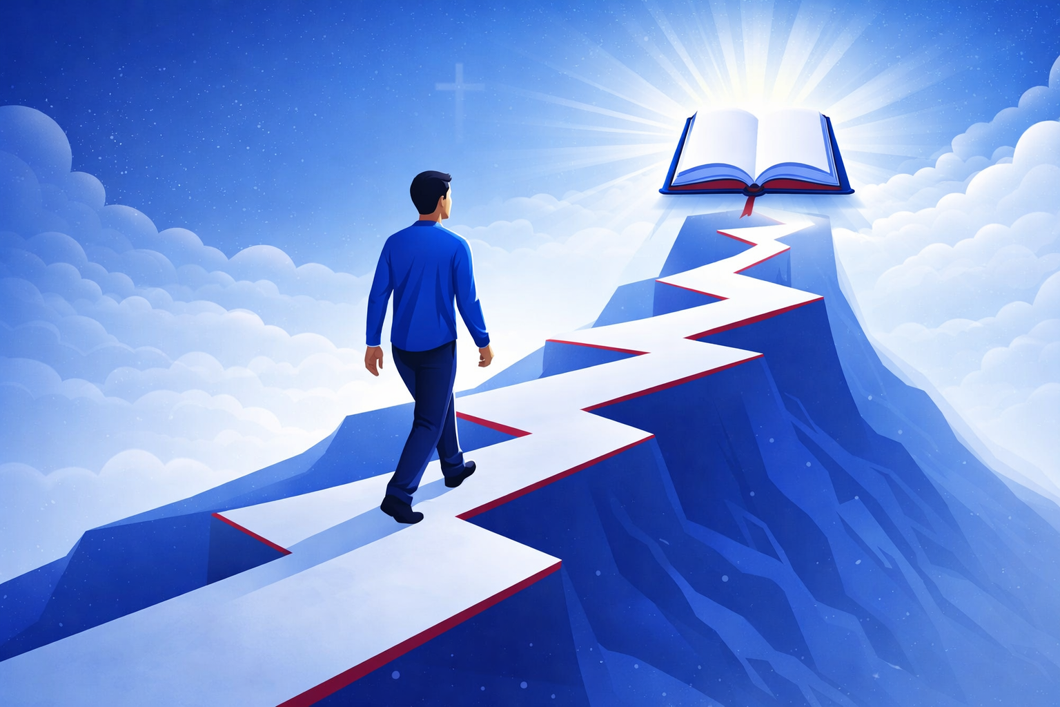Spiritual growth after salvation illustrated by a believer walking steadily toward God’s Word, symbolising Christian discipleship and spiritual maturity.