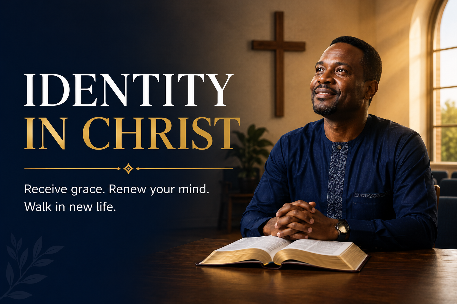 African Christian reflecting beside an open Bible while warm light symbolises identity in Christ and freedom from shame.